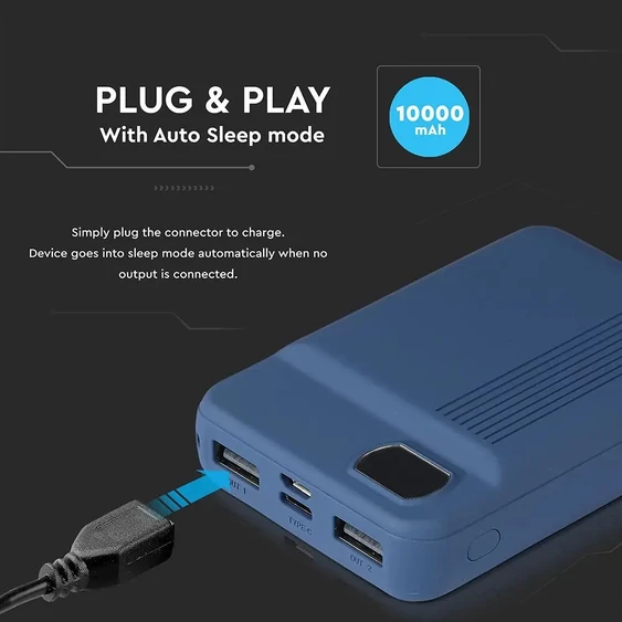 V-TAC kék, 10000mAh powerbank, kijelzővel - SKU 8853