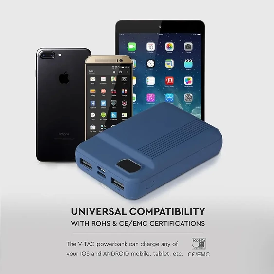V-TAC kék, 10000mAh powerbank, kijelzővel - SKU 8853