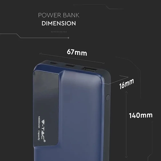 V-TAC kék, 10000mAh powerbank, kijelzővel - SKU 8872