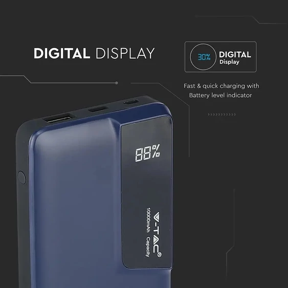 V-TAC kék, 10000mAh powerbank, kijelzővel - SKU 8872