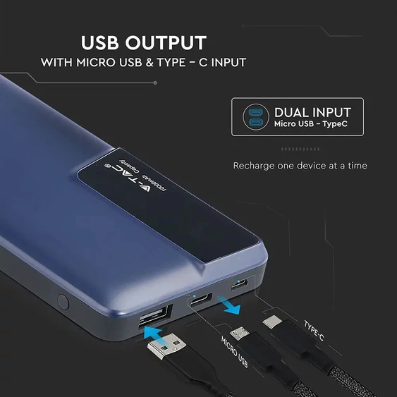 V-TAC kék, 10000mAh powerbank, kijelzővel - SKU 8872