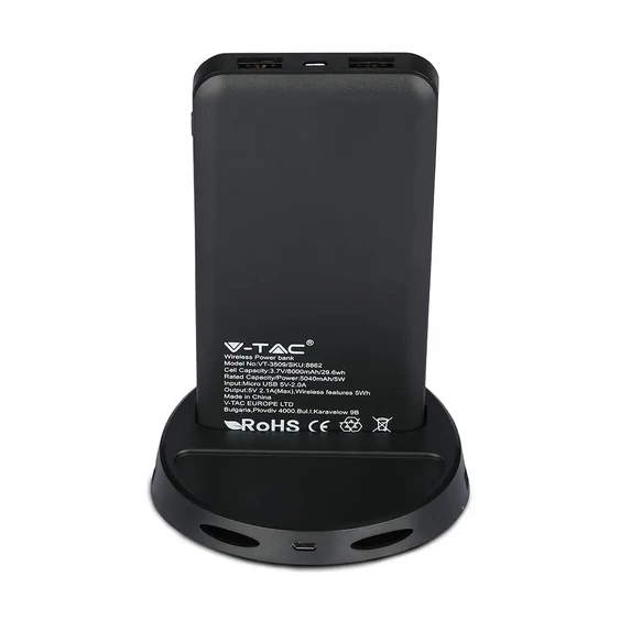 V-TAC kék, 8000mAh powerbank vezeték nélküli töltővel, kijelzővel - SKU 8862