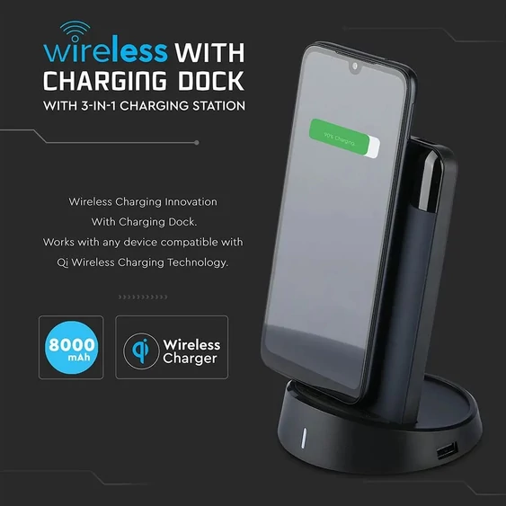 V-TAC kék, 8000mAh powerbank vezeték nélküli töltővel, kijelzővel - SKU 8862