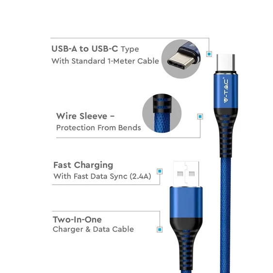 V-TAC kék, USB - Type-C 1m hálózati kábel - SKU 8633