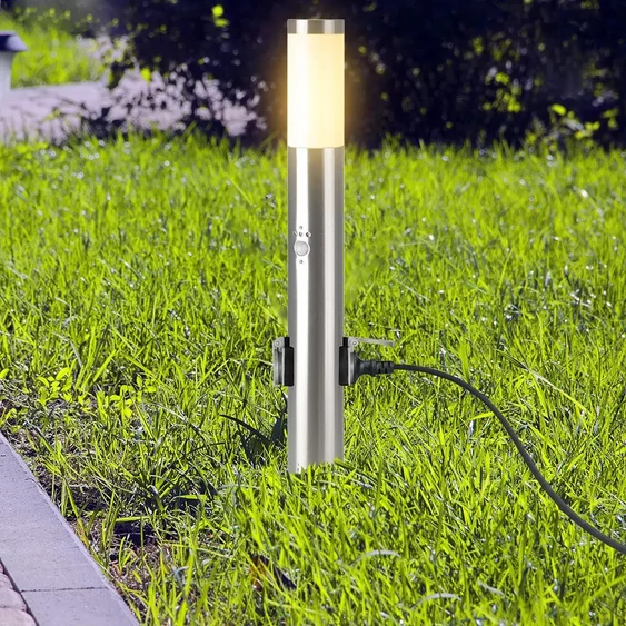 E27 Bollard Lamp 60CM  PIR Sensor With 2 EU Plug Sockets  Stainless Steel Satin Nickel IP44