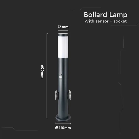 E27 Bollard Lamp 60CM  PIR Sensor With 2 EU Plug Sockets  Stainless Steel Grey IP44