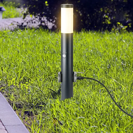 E27 Bollard Lamp 60CM  PIR Sensor With 2 EU Plug Sockets  Stainless Steel Grey IP44