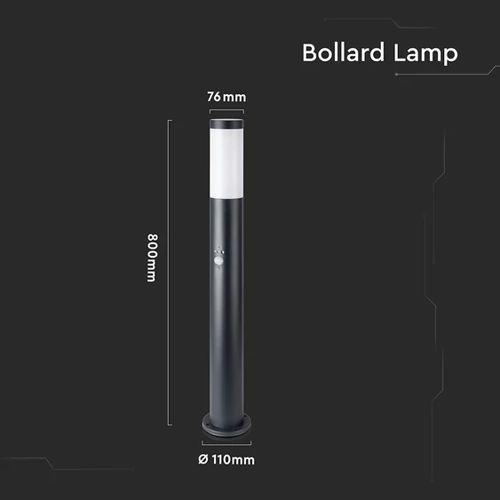 E27 Bollard Lamp 80CM With PIR Sensor Stainless Steel Body Black IP44