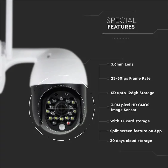 V-TAC kültéri PTZ WiFi IP kamera, 3MP, IP65 - SKU 8989