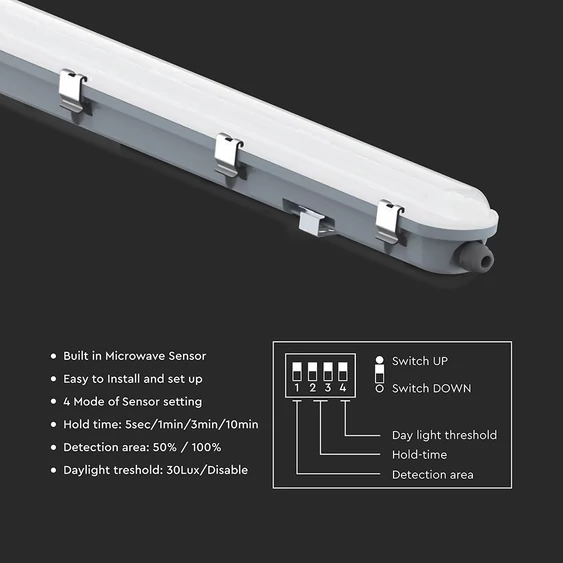 V-TAC LED lámpa 150cm 48W IP65, szenzorral, hideg fehér 120 Lm/W (M-széria) - SKU 24017