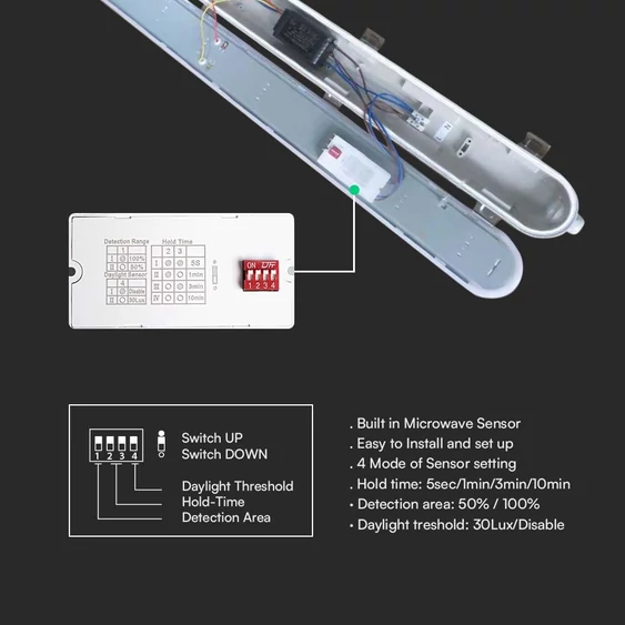 V-TAC LED lámpa 150cm 48W IP65, szenzorral, hideg fehér 120 Lm/W (M-széria) - SKU 24017