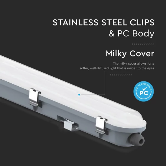 LED Waterproof Fitting M-SERIES 1500mm 48W 6400K Emergency Kit PC/PC SS Clip 120LM/W