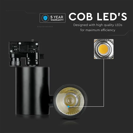 V-TAC LED sínes spotlámpa állítható CRI>95 15W hideg fehér, fekete házzal - SKU 1303
