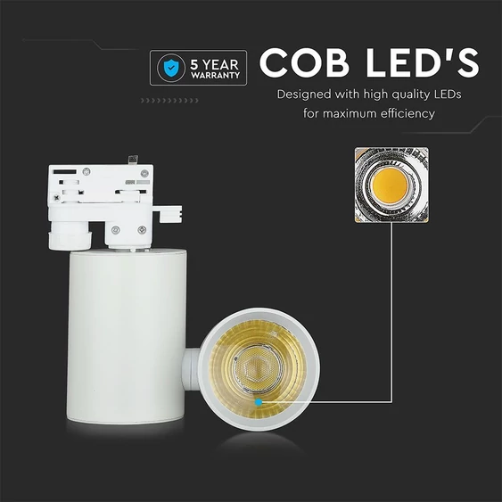 V-TAC LED sínes spotlámpa állítható CRI>95 15W meleg fehér, fehér házzal - SKU 1298