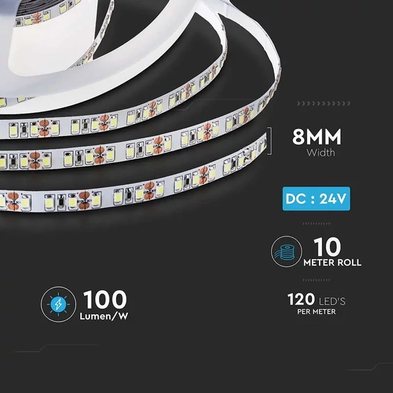 V-TAC LED szalag IP20 SMD 2835 chip 120 db/m meleg fehér, 100 Lm/W - SKU 212622