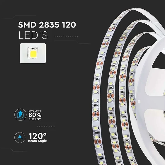 V-TAC LED szalag IP20 SMD 2835 chip 120 db/m természetes fehér, 100 Lm/W - SKU 212623