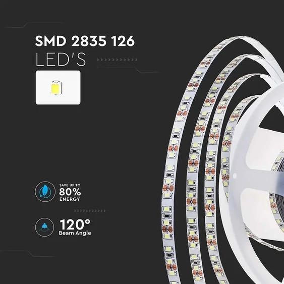 V-TAC LED szalag IP20 SMD 2835 chip 126 db/m meleg fehér, 137 Lm/W - SKU 212593