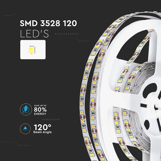 V-TAC LED szalag IP20 SMD 3528 chip 120 db/m meleg fehér, 100 Lm/W - SKU 212025