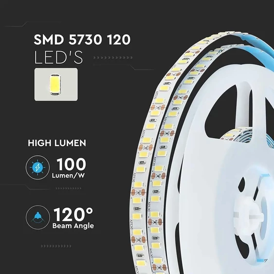V-TAC LED szalag IP20 SMD 5730 chip 120 db/m hideg fehér, 100 Lm/W - SKU 212161