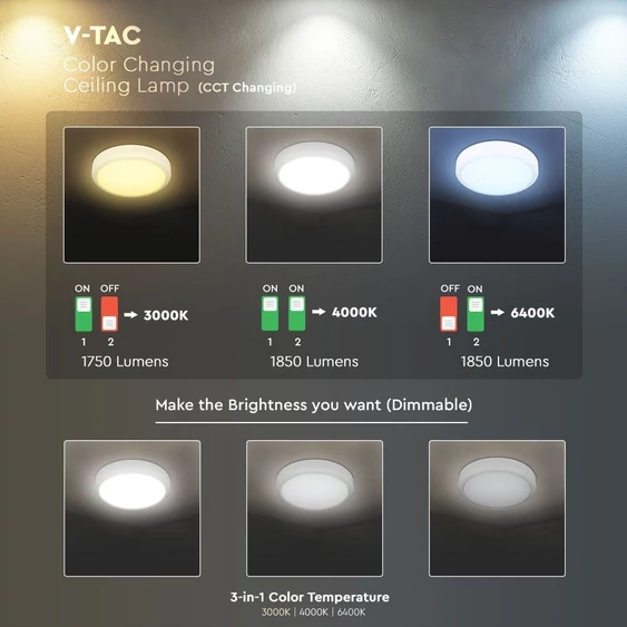 V-TAC mennyezeti 20W LED lámpatest, állítható színhőmérséklet, szenzorral és akkuval - SKU 2120096