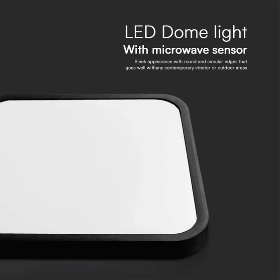 Black frame square dome light 30W ceiling lamp with microwave sensor, IP44, 6500K