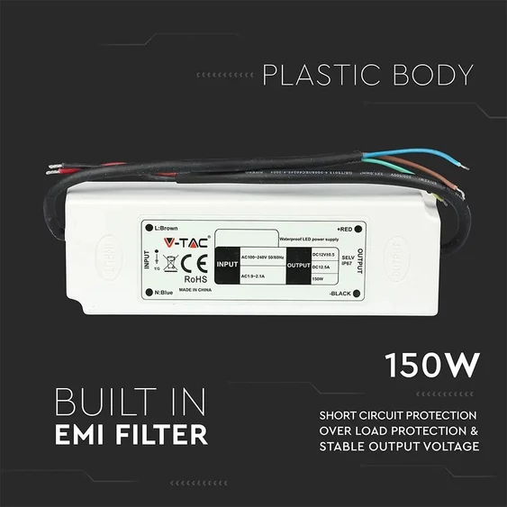 LED Plastic SLIM Power Supply - 150W 12V IP67