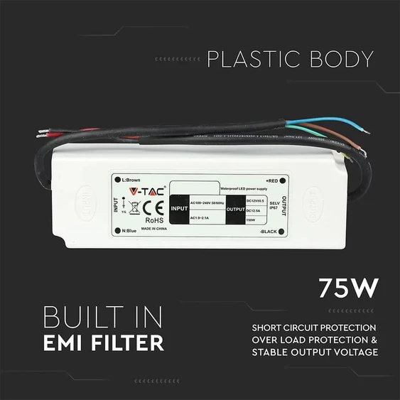 LED Plastic SLIM Power Supply - 75W 12V IP67