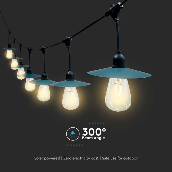 V-TAC napelemes LED fényfüzér 15 db ST64-es formájú égőkkel, 15 méter hosszú - SKU 23034