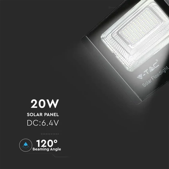 V-TAC napelemes LED reflektor 20W természetes fehér 10000 mAh, fekete házzal - SKU 8575