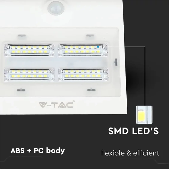 V-TAC napelemes, mozgásérzékelős LED reflektor, 3W meleg+természetes fehér, fehér előlap - SKU 7523