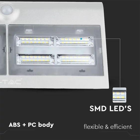 V-TAC napelemes, mozgásérzékelős LED reflektor, fehér, 7W természetes fehér - SKU 8278