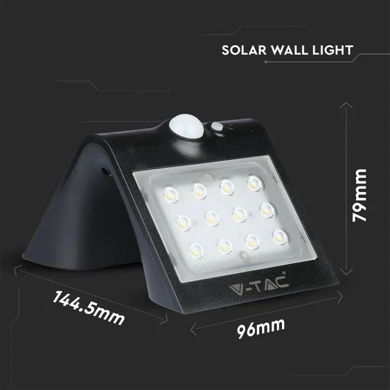 V-TAC napelemes, mozgásérzékelős LED reflektor, fekete, 1.5W természetes fehér - SKU 8277