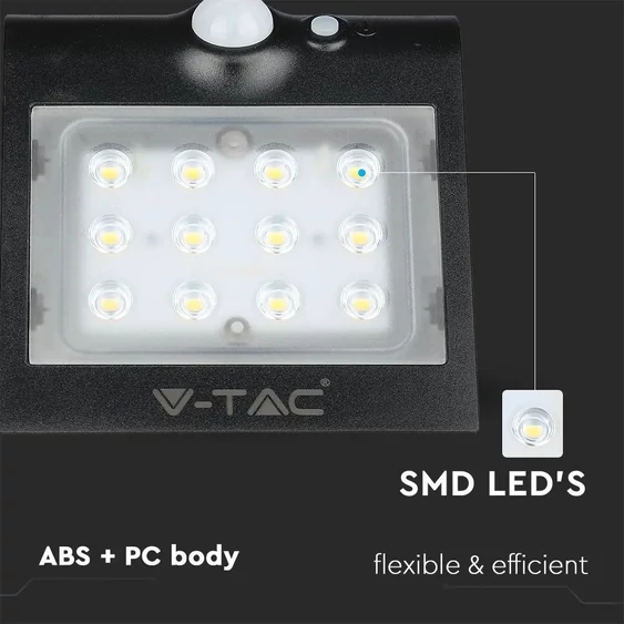 V-TAC napelemes, mozgásérzékelős LED reflektor, fekete, 1.5W természetes fehér - SKU 8277