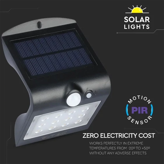 V-TAC napelemes, mozgásérzékelős LED reflektor, fekete, 1.5W természetes fehér - SKU 8277