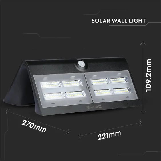 V-TAC napelemes, mozgásérzékelős LED reflektor, fekete, 7W természetes fehér - SKU 8279