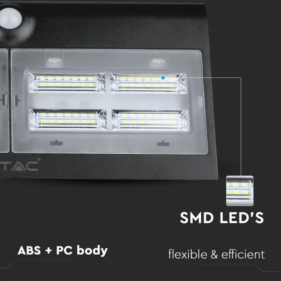 V-TAC napelemes, mozgásérzékelős LED reflektor, fekete, 7W természetes fehér - SKU 8279