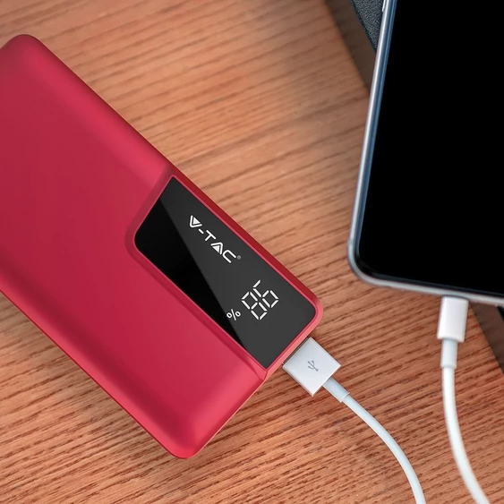 V-TAC piros, 10000mAh powerbank, kijelzővel - SKU 8871