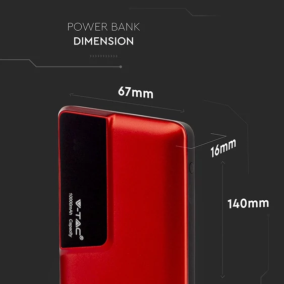V-TAC piros, 10000mAh powerbank, kijelzővel - SKU 8871