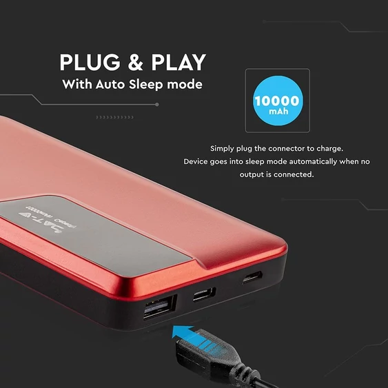 V-TAC piros, 10000mAh powerbank, kijelzővel - SKU 8871