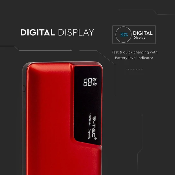 V-TAC piros, 10000mAh powerbank, kijelzővel - SKU 8871