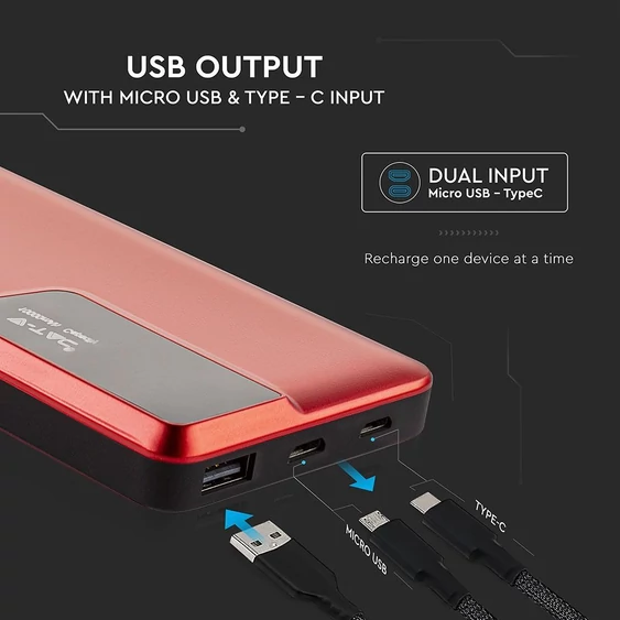 V-TAC piros, 10000mAh powerbank, kijelzővel - SKU 8871