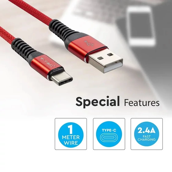 V-TAC piros, USB - Type-C 1m hálózati kábel - SKU 8634