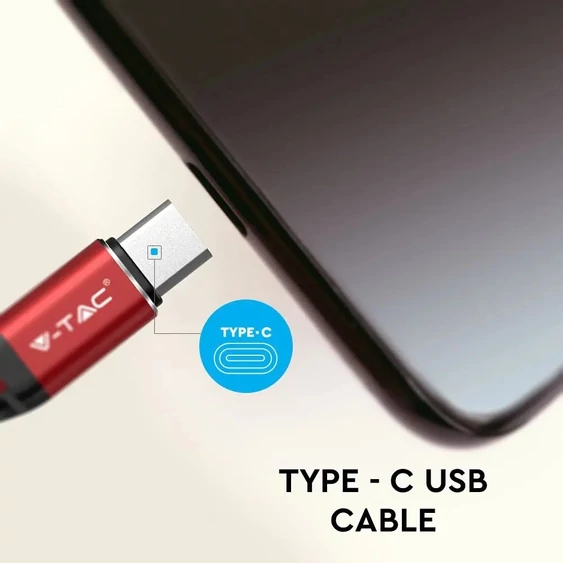 V-TAC piros, USB - Type-C 1m hálózati kábel - SKU 8634