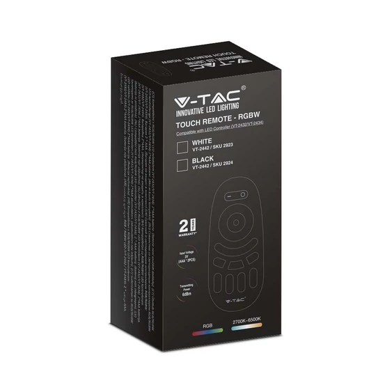 V-TAC RGB+W 4 zónás rádiófrekvenciás LED szalag érintőgombos távirányító, fekete - SKU 2924