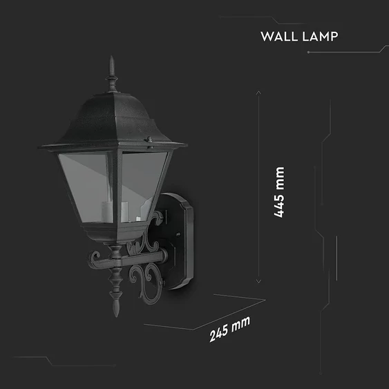 V-TAC régi stílusú, 44cm magas kültéri fali lámpa, matt fekete, E27 foglalattal - SKU 7521