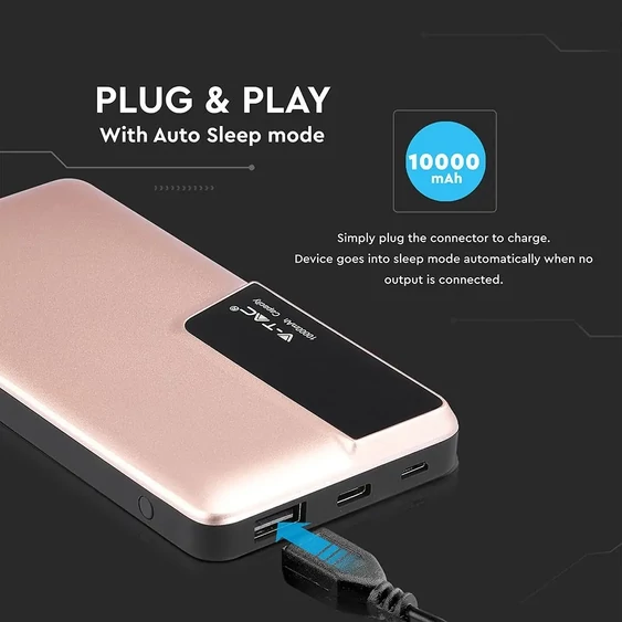 V-TAC rózsaarany, 10000mAh powerbank, kijelzővel - SKU 8873
