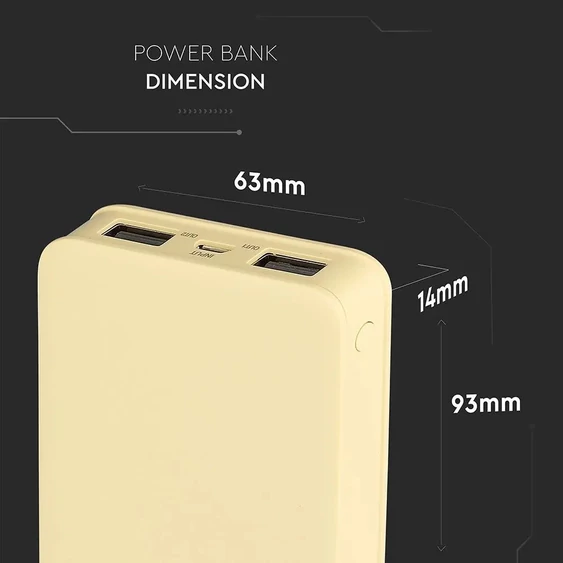 V-TAC sárga, 5000mAh powerbank, jelzőfénnyel - SKU 8196