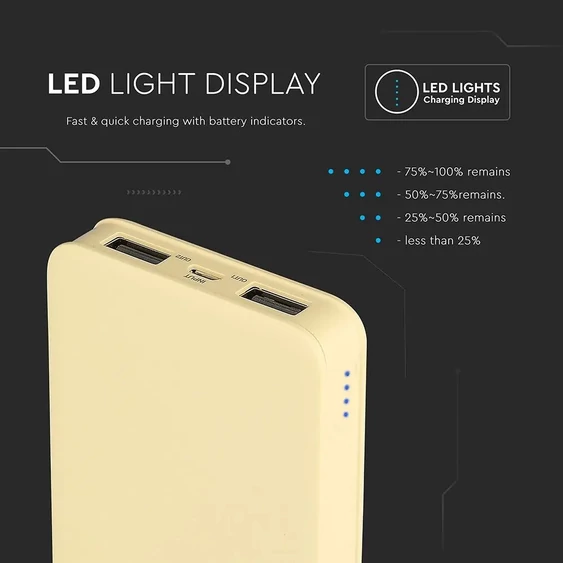 V-TAC sárga, 5000mAh powerbank, jelzőfénnyel - SKU 8196