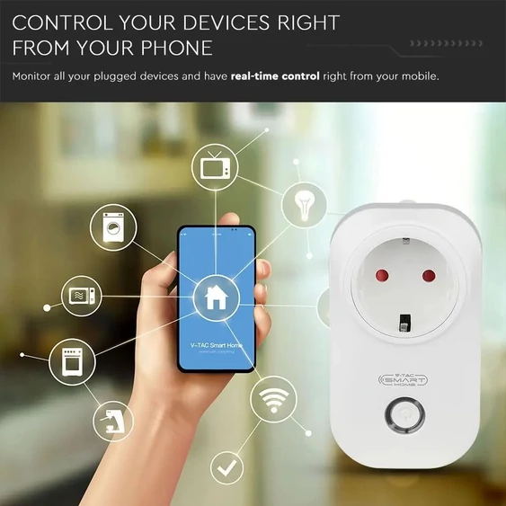 V-TAC Smart - okostelefonnal kapcsolható, WiFi-s, konnektor, dugalj - SKU 8415