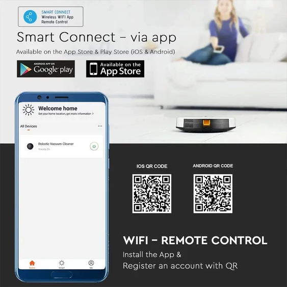 V-TAC Smart - okostelefonról irányítható, fehér robotporszívó - SKU 8649